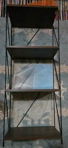 Wooden 4-Tier Leaning Shelf with Metal Frame - Good Condition
