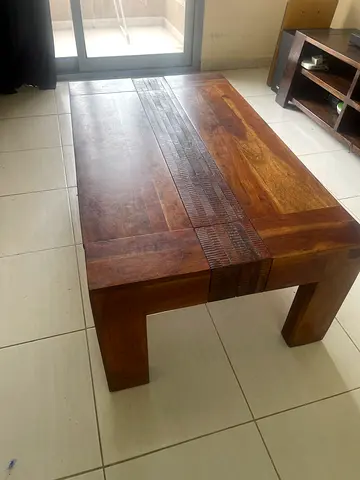 Solid Wood Coffee Table with Carved Inlay - Good Condition