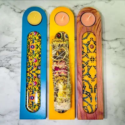 Set of 3 Wooden Incense / Smudge Holders with Tealight Candles