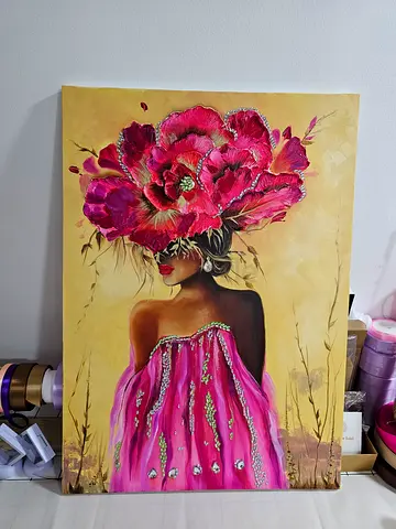 Original Floral Portrait Painting on Canvas - Woman with Pink Dress and Large Flower Hat, my paintin