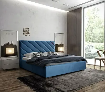 Modern Blue Upholstered Double Bed with Headboard
