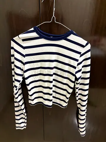 Navy and white striped long-sleeve top - good condition