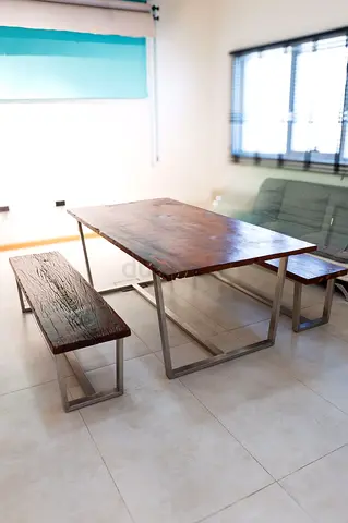 Solid Wood Dining Table with Two Benches and Metal Frame