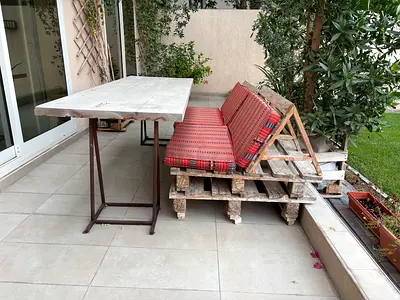Handmade Pallet Outdoor Bench with Cushions and Folding Table