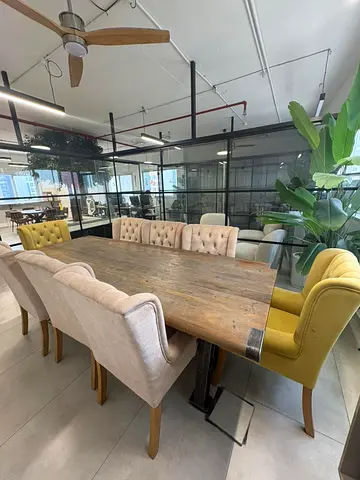 Solid Wood Dining Table with 8 Upholstered Chairs - Modern Rustic Set