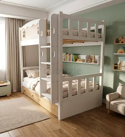 White Wooden Triple/Double Bunk Bed with Storage Drawers - Good Condition