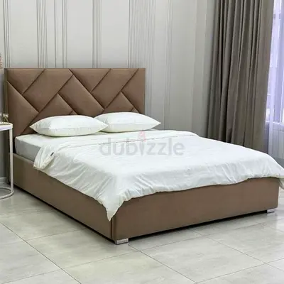 Beige Upholstered Double Bed with Padded Headboard