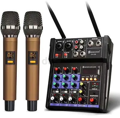 Portable Audio Mixer with 2 Wireless Microphones - Compact Karaoke/PA Set