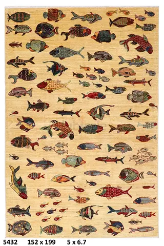 1.5 x 2m 5*7ft Afghan Handmade Fish Pattern Wool Rug - 152 x 199 cm