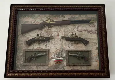 Framed Antique-Style Flintlock Gun and Pistol Decorative Collection