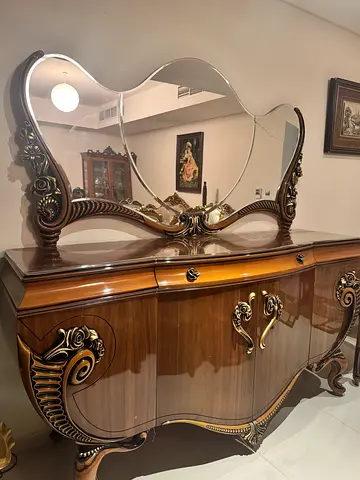 Antique-style Wooden Dresser with Ornate Mirror