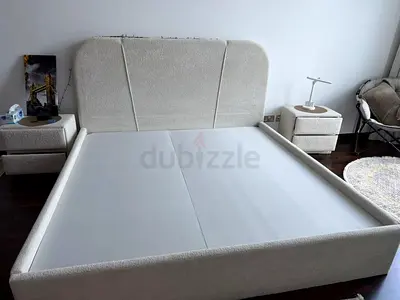 Beige/white Fabric Double Bed Frame with Headboard and Side Tables (Used)