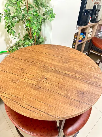 Solid Wood Round Dining Table with 4 Leather Chairs - Good Condition