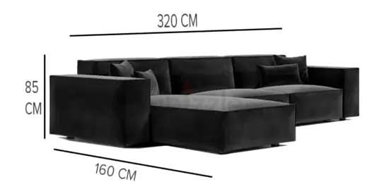 Large Modern Sectional Sofa - Velvet Finish, Left Chaise, 320cm