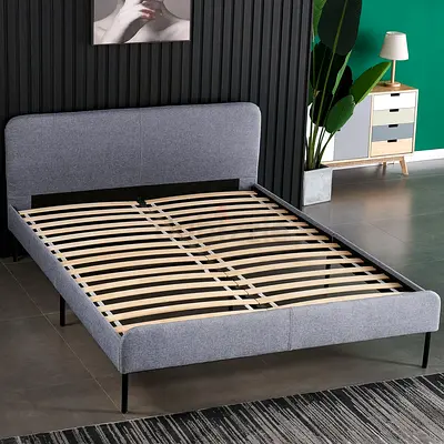 Grey Fabric Double Bed Frame with Headboard and Slatted Base