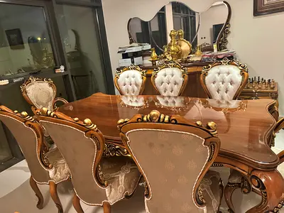 Classic carved wooden dining table with 8 upholstered chairs - set