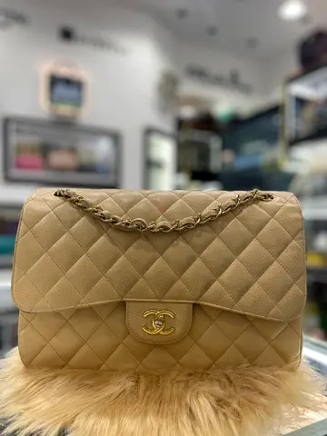 Chanel Beige Quilted Caviar Jumbo Classic Double Flap Bag (Authentic/PreOwned)