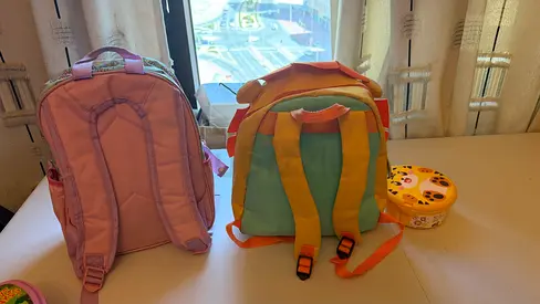 Two small kids backpacks — pink and multicolor, good used condition