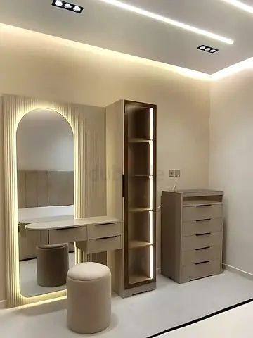 Modern Beige Bedroom Vanity Set with Tall Display Cabinet and Chest of Drawers