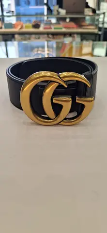 Black Leather Belt with Gold Double-G Buckle (Like New)