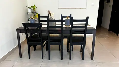 Solid Black Wooden Dining Table with 6 Chairs - Good Condition