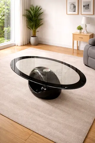 Modern oval glass coffee table with black base