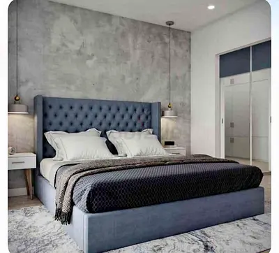 Upholstered Queen Bed with Tufted Headboard - Grey Blue