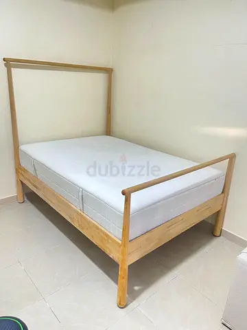 Ikea Double Bed with Wooden Frame + Mattress 140cmx200cm. Mattress has been deep cleaned and is nice