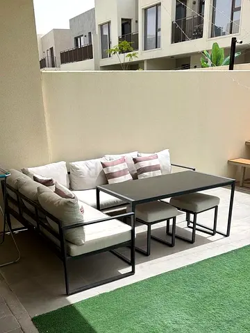 Outdoor metal frame L-shaped sofa set with table and stools