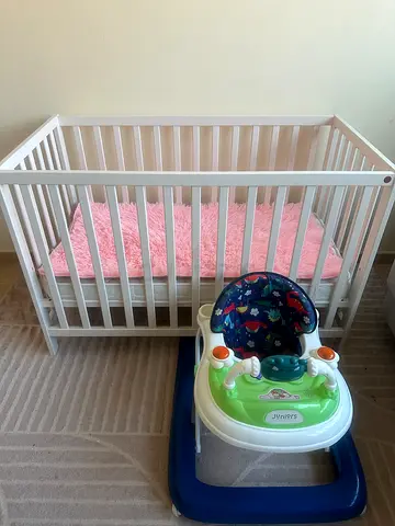 White Wooden Baby Crib with Pink Mattress with free Baby Walker Included