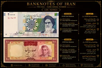 Rare Matched Serial Banknotes from Two Iranian Regimes | Collector’s Item