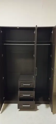 3-Door Dark Wood Wardrobe with 3 Drawers — Good Condition