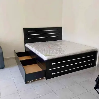 Queen size storage bed with mattress — dark wood, built-in drawers