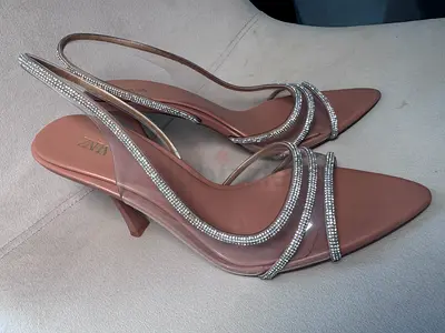 Elegant Nude Slingback Heels with Rhinestone Straps (Zara) - Size 39