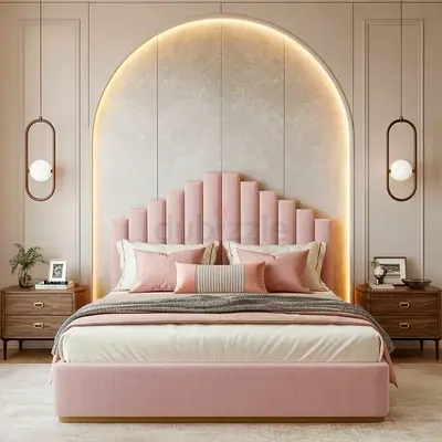 Pink Upholstered Bed Frame with Matching Headboard