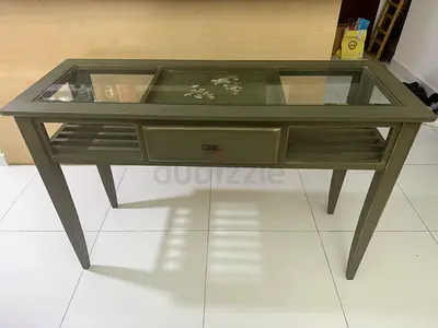 Custom made glass-top Console Table with Single Drawer — Olive Green, Floral Inlay