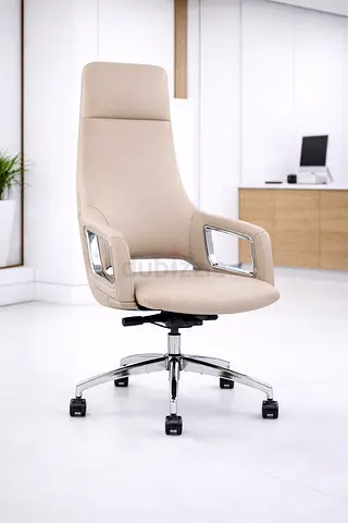 Grey Beige Office Chair with Adjustable Height  Tilt Lock – High Back Manager Chair for Office
