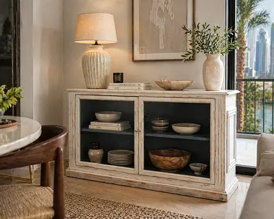 Vintage Distressed Wood Glass Cabinet | Solid Wood