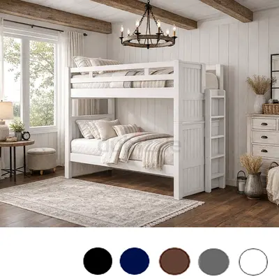 Solid Wood White Bunk Bed with Ladder — Twin over Full, Farmhouse Style