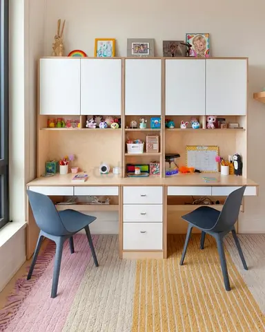 Double Study Desk with Overhead Cabinets and Central Drawers - Birch/White