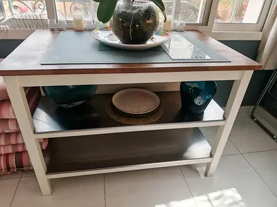 Small Kitchen Island/Utility Table with Wooden Top and Stainless Shelves