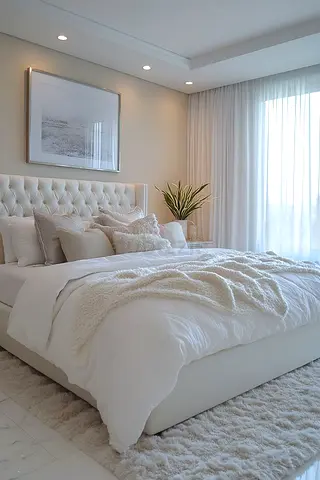 Queen upholstered bed with tufted headboard in excellent condition