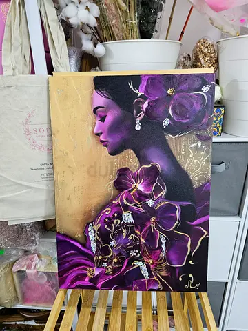 Original Purple Floral Portrait Painting on Canvas, hand crafted oil painting