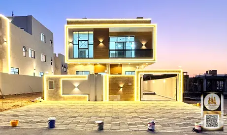 فيلا للبيع في منطقة الباهية بتصميم مودرن حديث تتميز بارتداد أمامي واسع لعدة سيارات وحوش كبير داخلي مريح تتكون من طابقين وروف بتقسيم عملي ومساحات مميزة