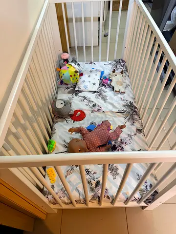 White Wooden Baby Crib with Mattress and Bedding - Good Condition