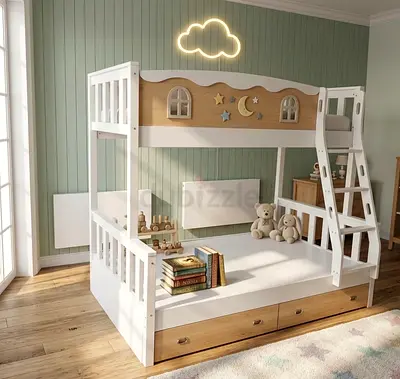 White Wooden Kids Bunk Bed with Storage Drawers— Double/Single Combo-Up-90x190 Down-120x190