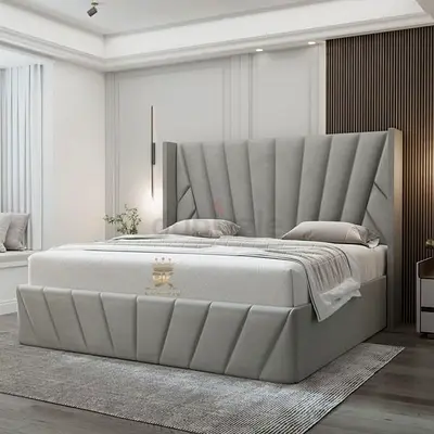 Modern Upholstered King Bed with Padded Legboard — Light Grey