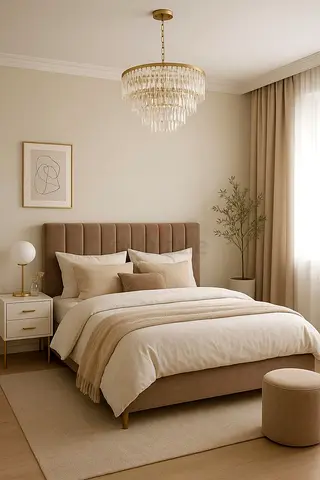 Beige upholstered double bed with headboard  Good condition