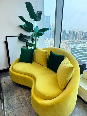 Curved Yellow Velvet Loveseat Sofa with Cushions