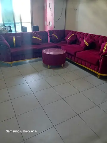 7 Seater L-shaped Velvet Corner Sofa with Ottoman - Good Condition